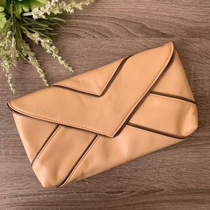 Nude Faux Leather Clutch With Bronze Strap